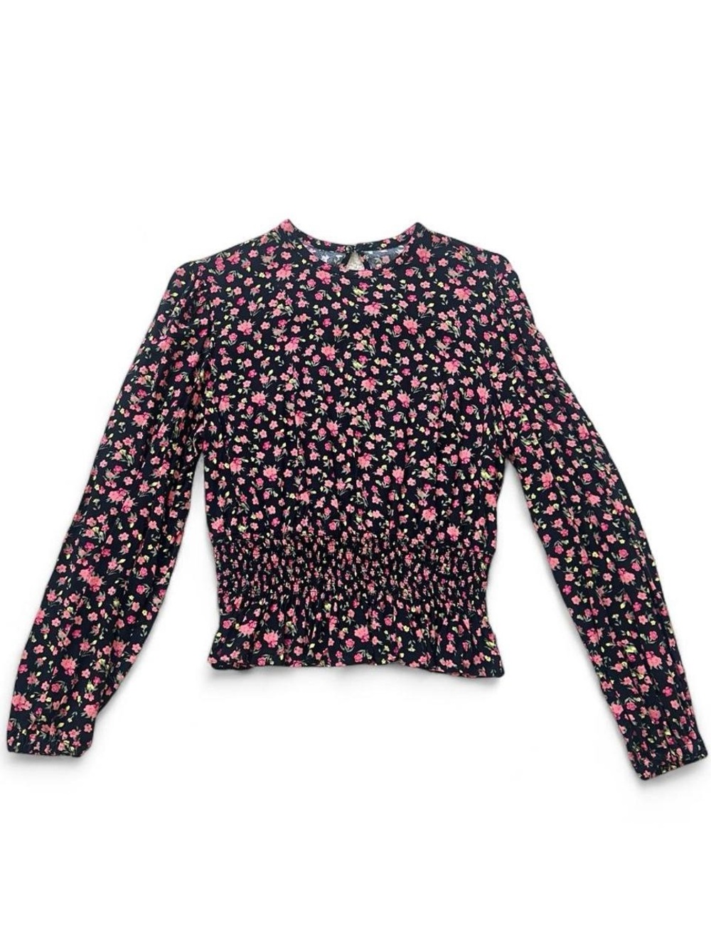 Floral Smocked Waist Long Sleeve Top - Pink on Black